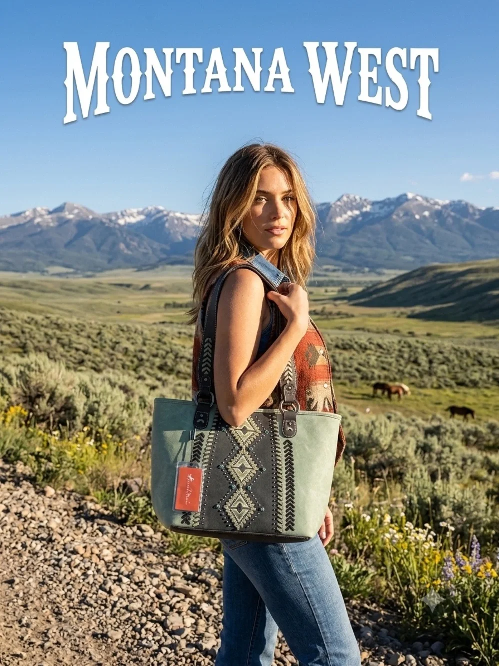NWT Montana West Sage Green Leather Tote with Aztec Embroidery and Brown Accents